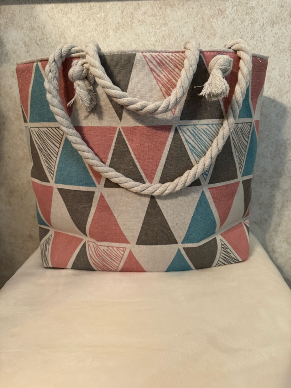 Geometric Canvas Tote Bag with Rope Handles - Blue, Coral, Gray